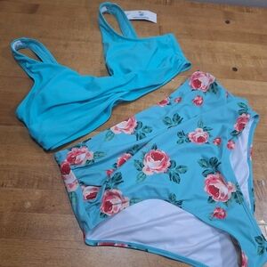 NWT Beachsissi XL 2 PC Floral High Waisted‎ Bikini Turquoise Pink Floral Ruching